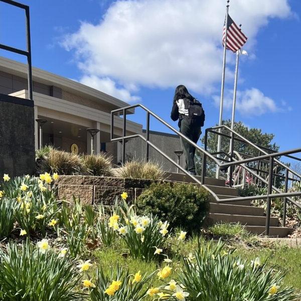 a person walking up stairs in front of a building